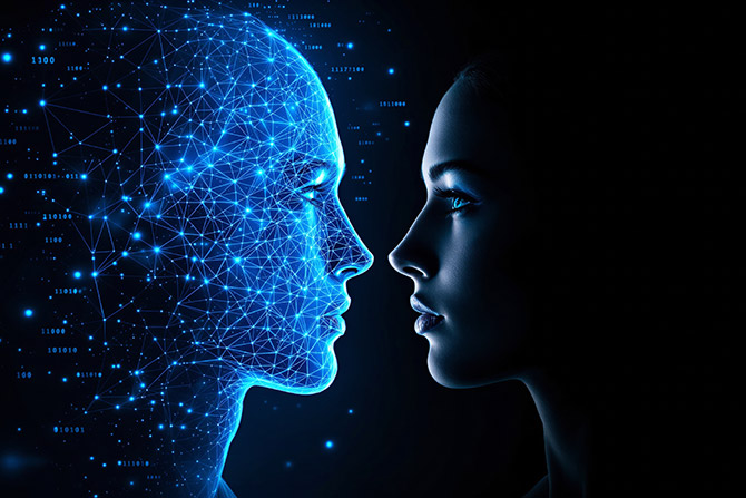 Human face looking at computer generated polygon mirror